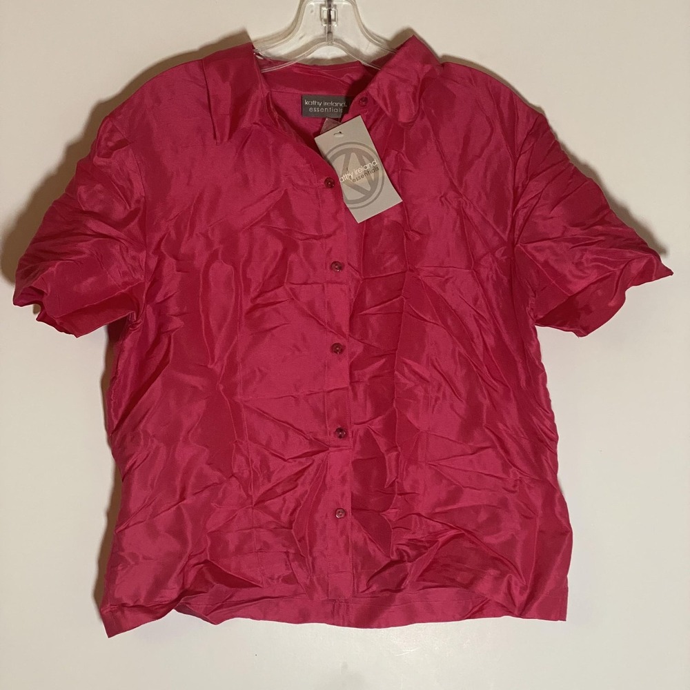 VTG Kathy Ireland Essentials Top Womens Large Pink Silk Button Up Short Sleeve L